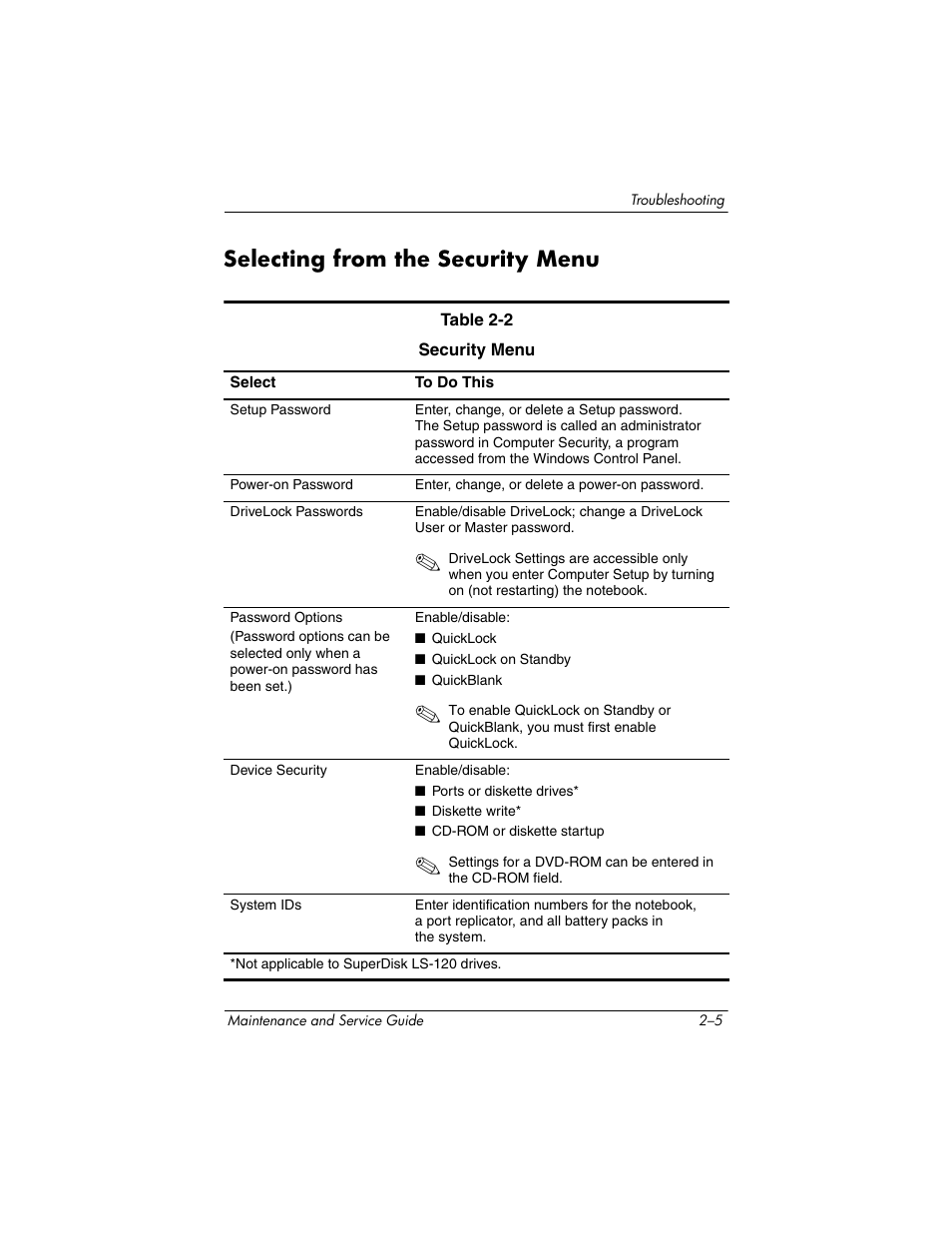 Selecting from the security menu, Selecting from the security menu –5 | HP zx5000 User Manual | Page 39 / 272