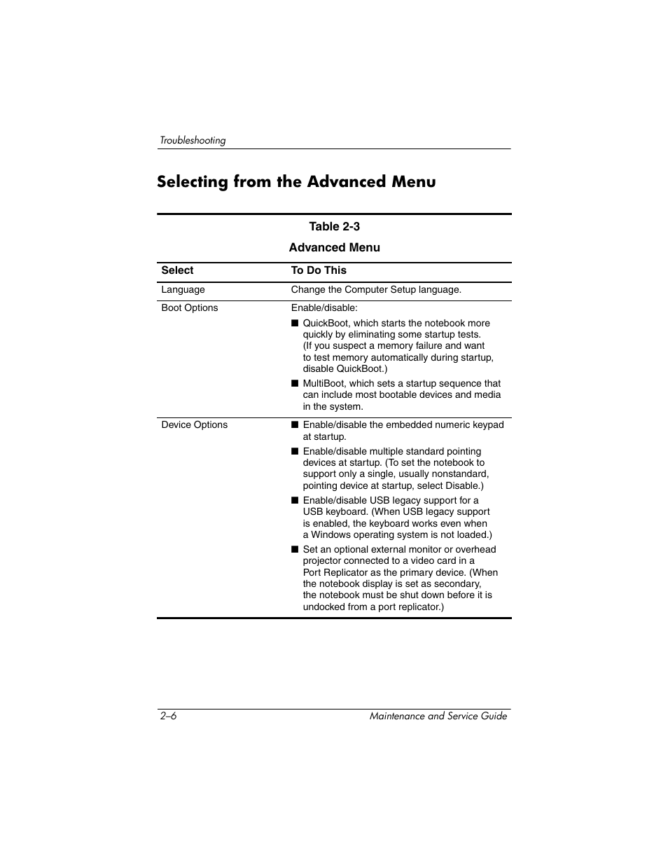 Selecting from the advanced menu, Selecting from the advanced menu –6 | HP zx5000 User Manual | Page 40 / 272