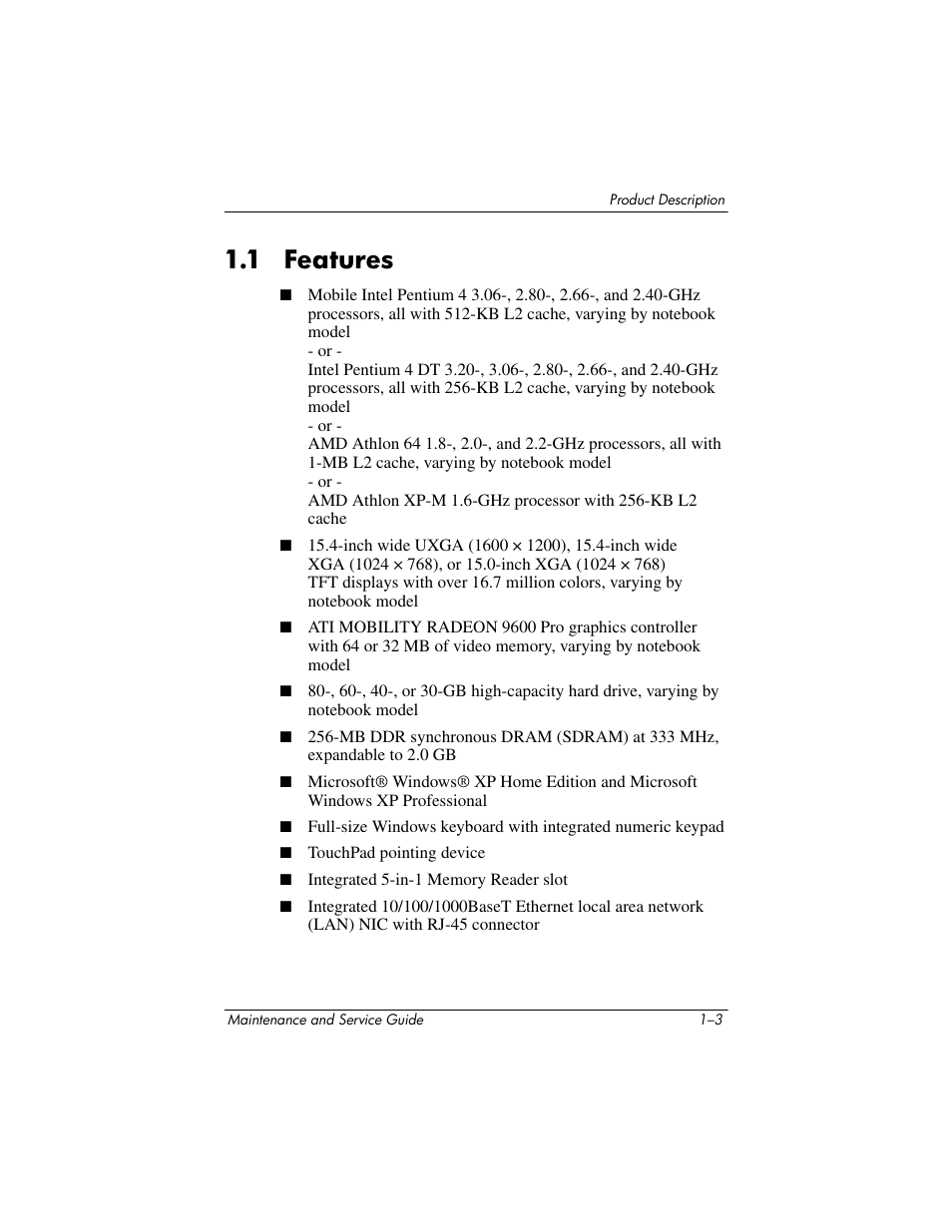 1 features –3, 1 features | HP zx5000 User Manual | Page 9 / 272