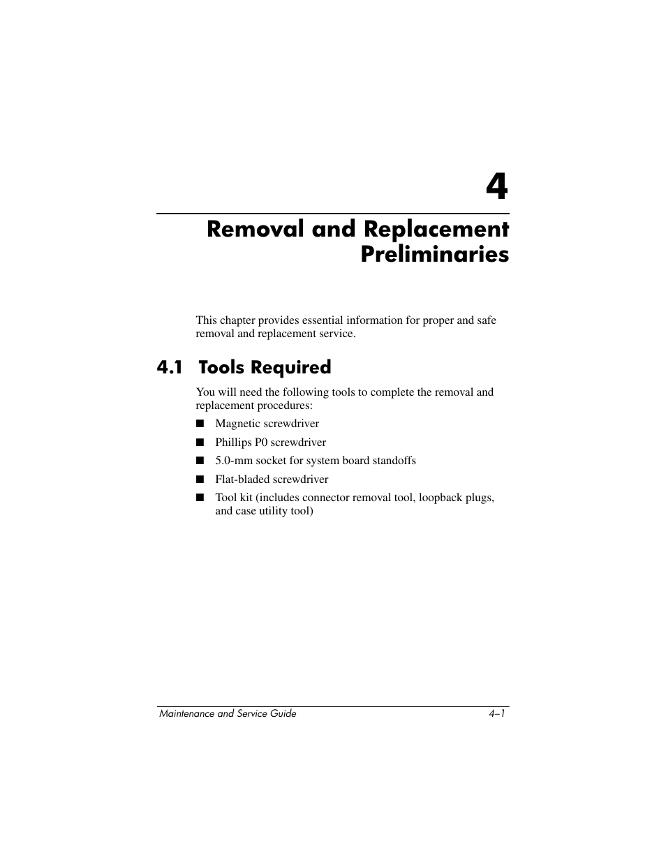 Removal and replacement preliminaries, 4 removal and replacement preliminaries, 1 tools required –1 | 1 tools required | HP zx5000 User Manual | Page 99 / 272
