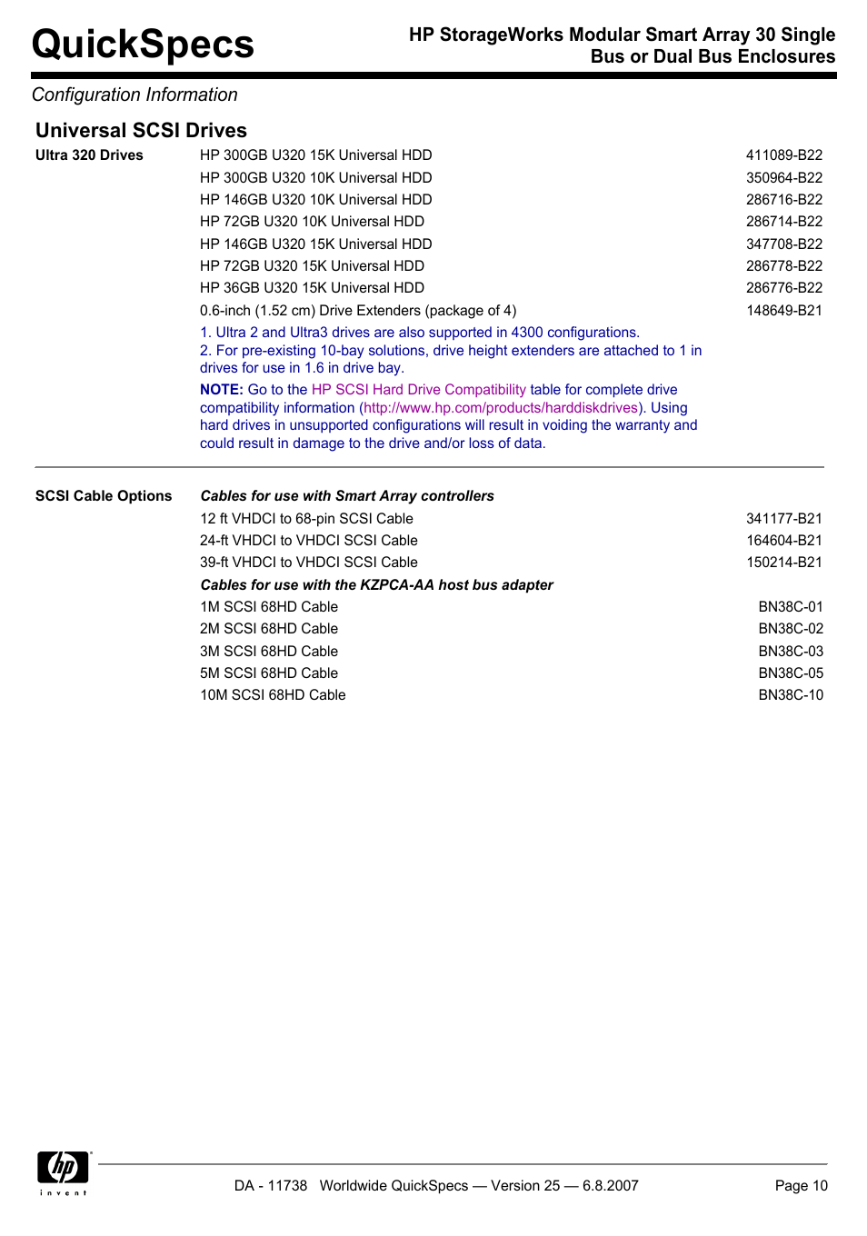 Quickspecs, Universal scsi drives | HP MSA30 DB User Manual | Page 10 / 12