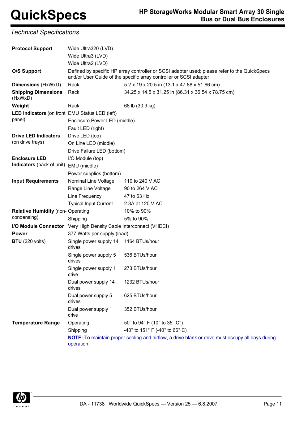 Technical specifications, Quickspecs | HP MSA30 DB User Manual | Page 11 / 12