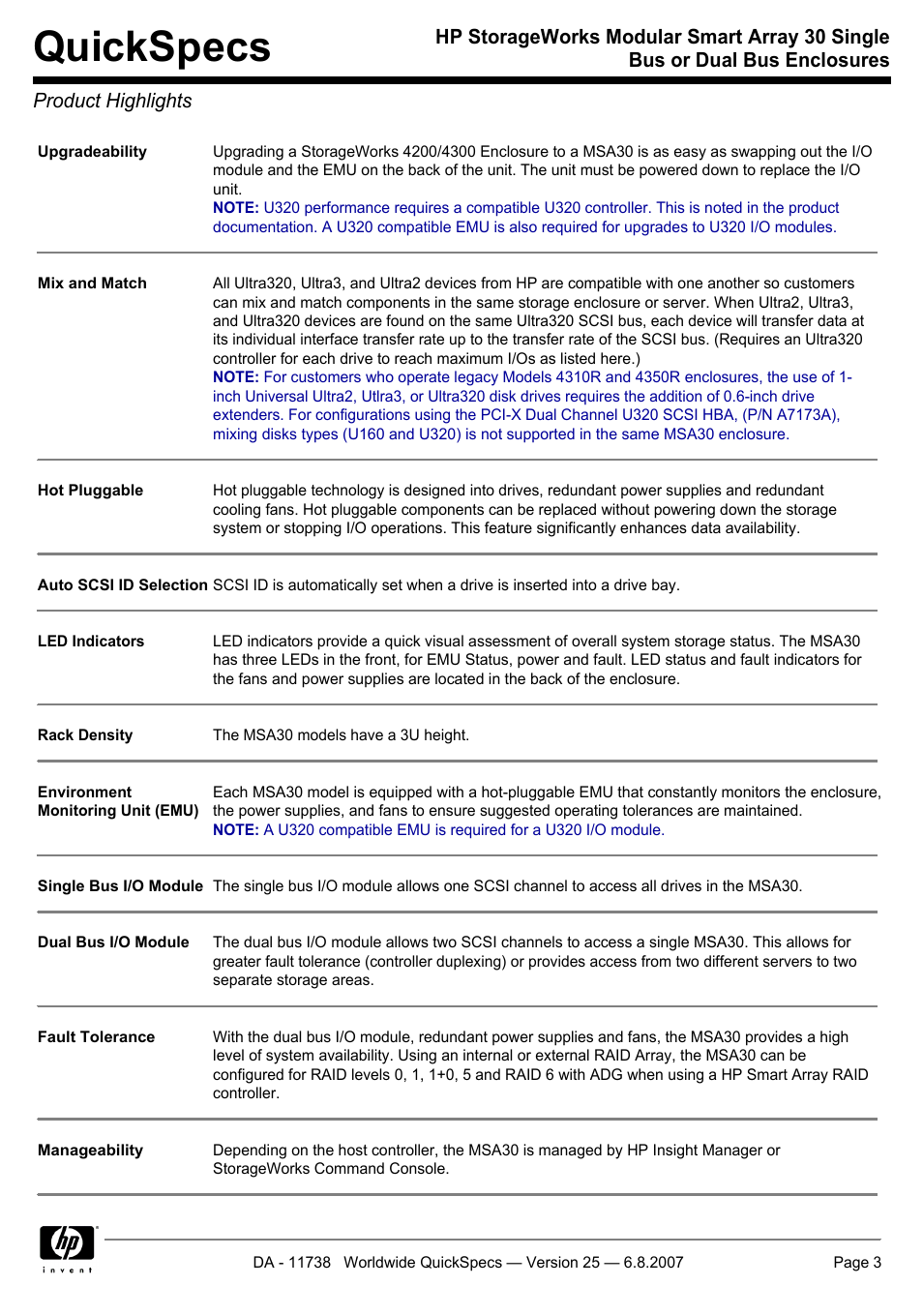 Product highlights, Quickspecs | HP MSA30 DB User Manual | Page 3 / 12