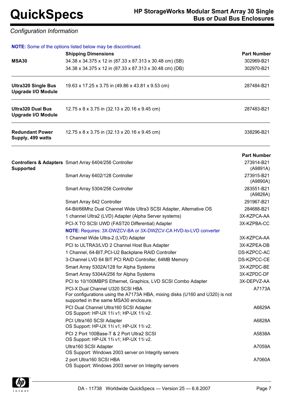 Configuration information, Quickspecs | HP MSA30 DB User Manual | Page 7 / 12