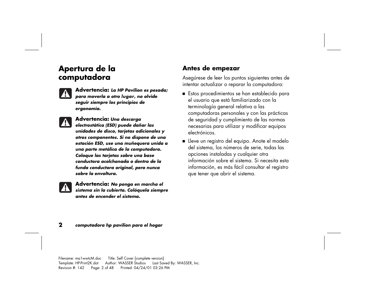Apertura de la computadora | HP 79XXY User Manual | Page 102 / 144