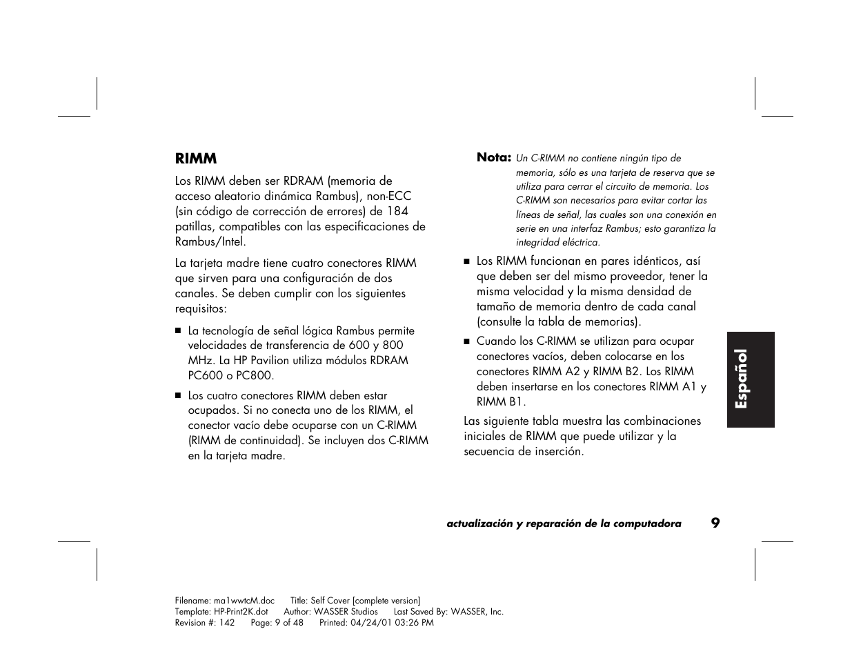 Espa ñ ol | HP 79XXY User Manual | Page 109 / 144