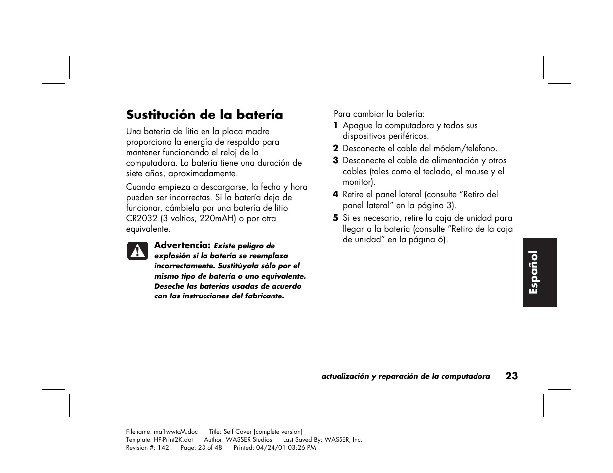 Sustitución de la batería | HP 79XXY User Manual | Page 123 / 144