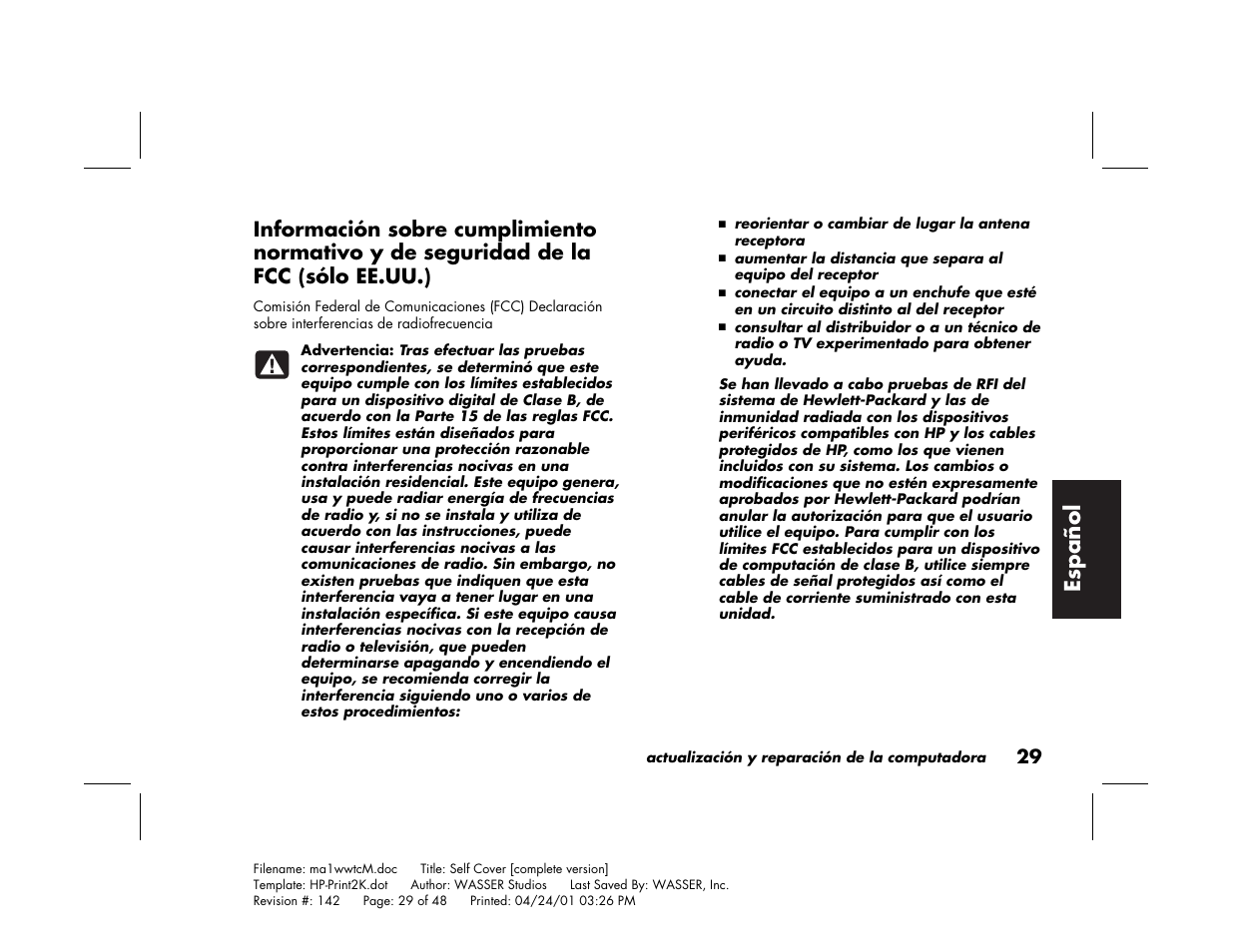 Espa ñ ol | HP 79XXY User Manual | Page 129 / 144