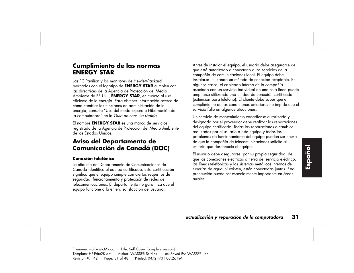 Espa ñ ol | HP 79XXY User Manual | Page 131 / 144