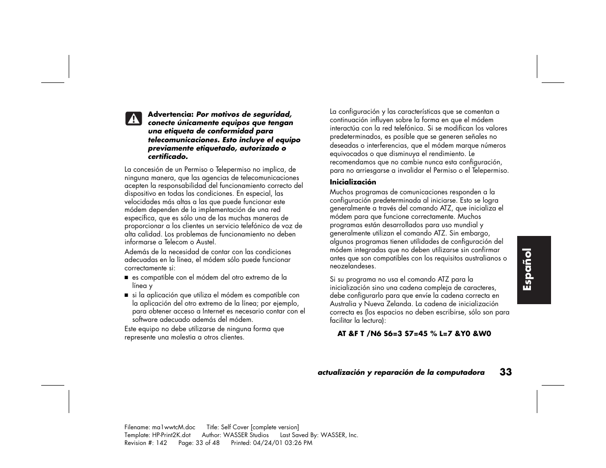 Espa ñ ol | HP 79XXY User Manual | Page 133 / 144