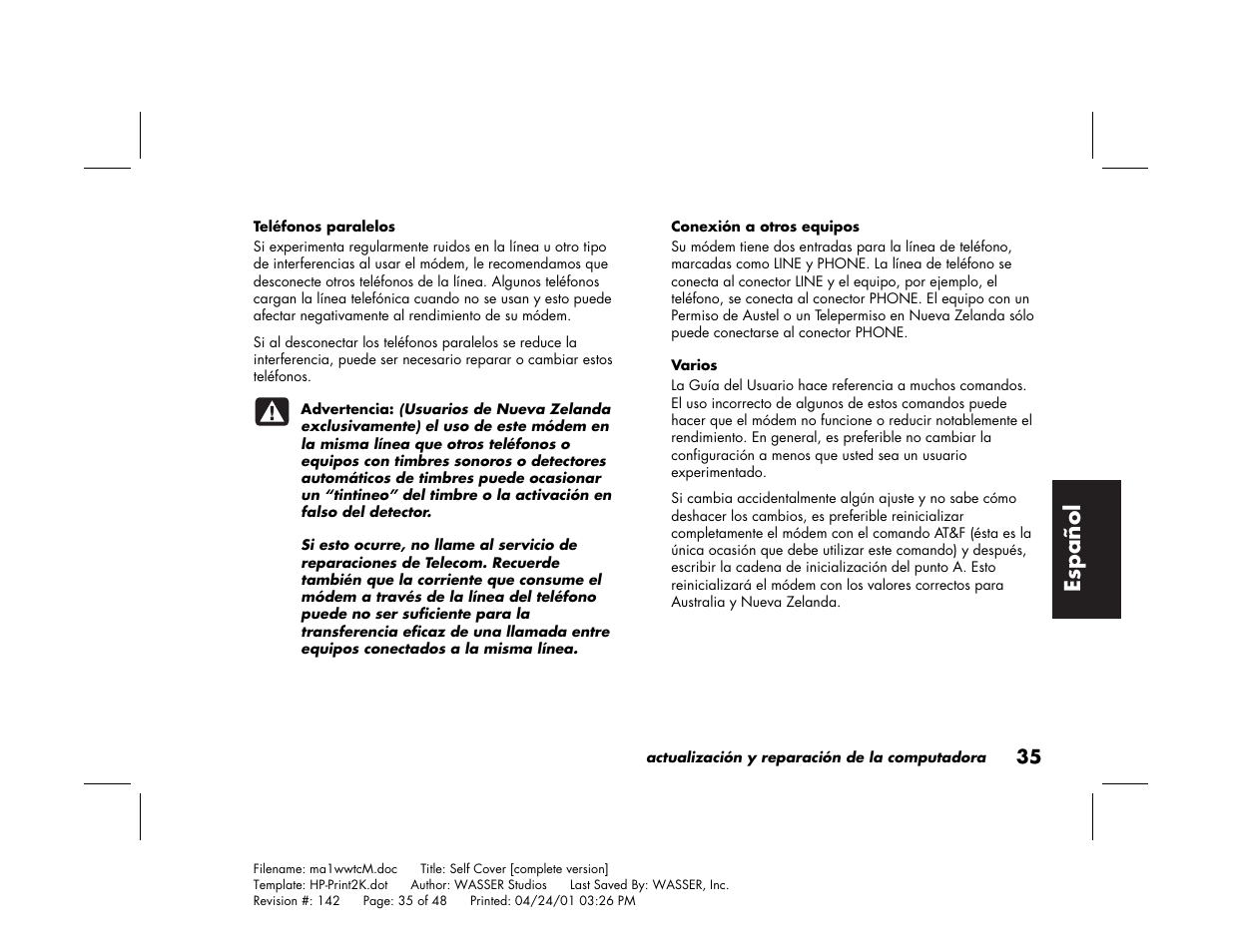 Espa ñ ol | HP 79XXY User Manual | Page 135 / 144