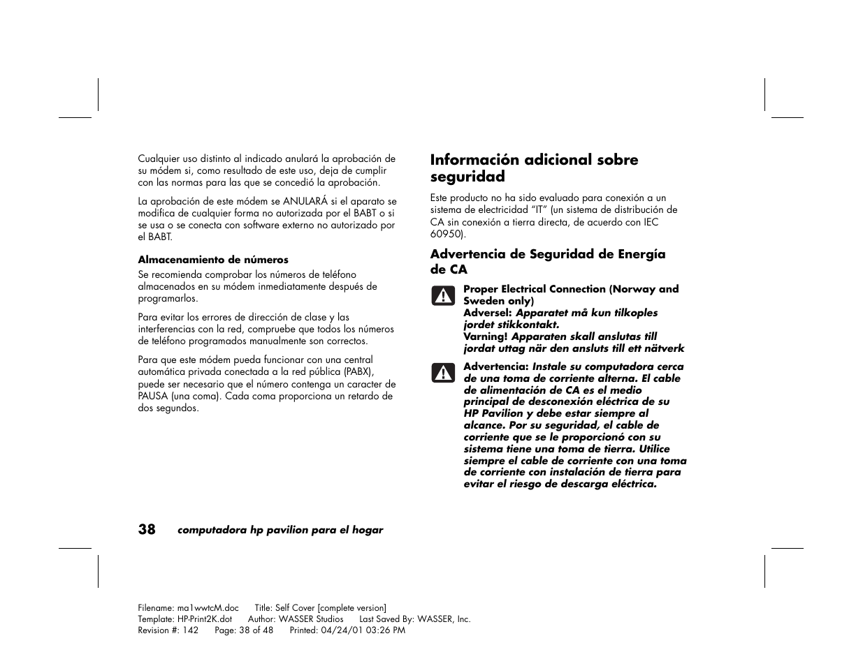 Información adicional sobre seguridad | HP 79XXY User Manual | Page 138 / 144