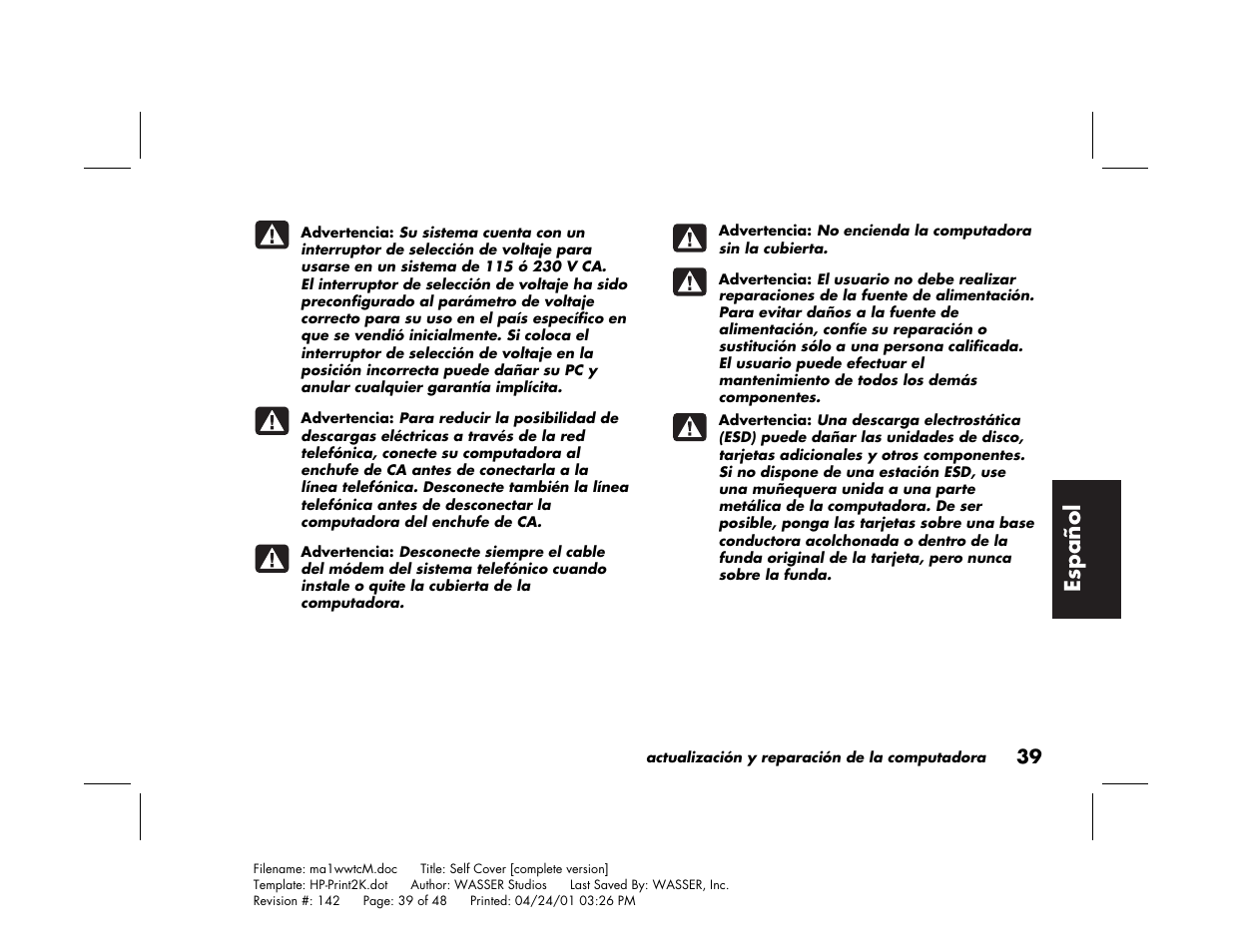Espa ñ ol | HP 79XXY User Manual | Page 139 / 144