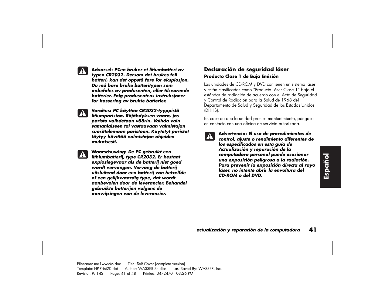 Espa ñ ol | HP 79XXY User Manual | Page 141 / 144