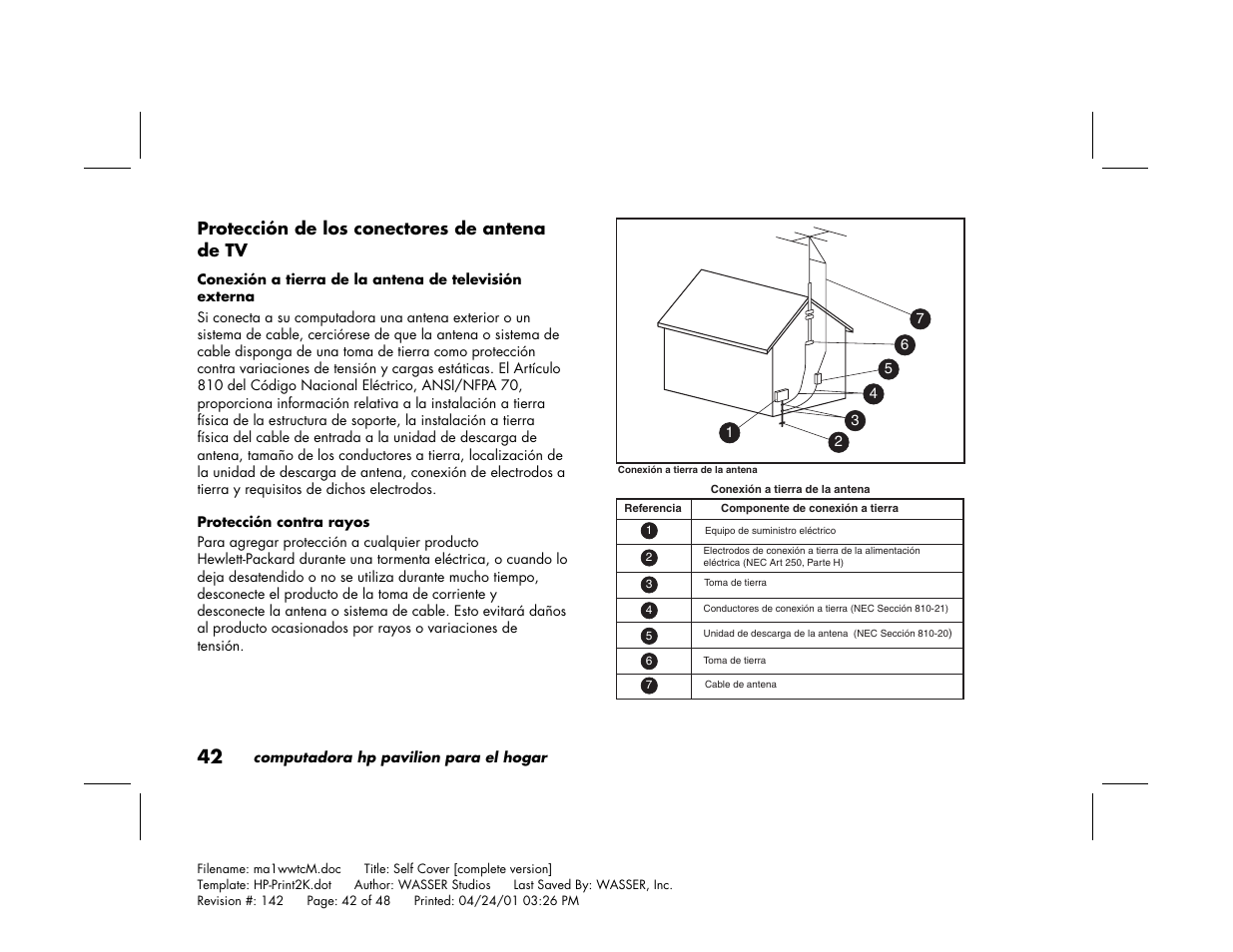 Protección de los conectores de antena de tv | HP 79XXY User Manual | Page 142 / 144