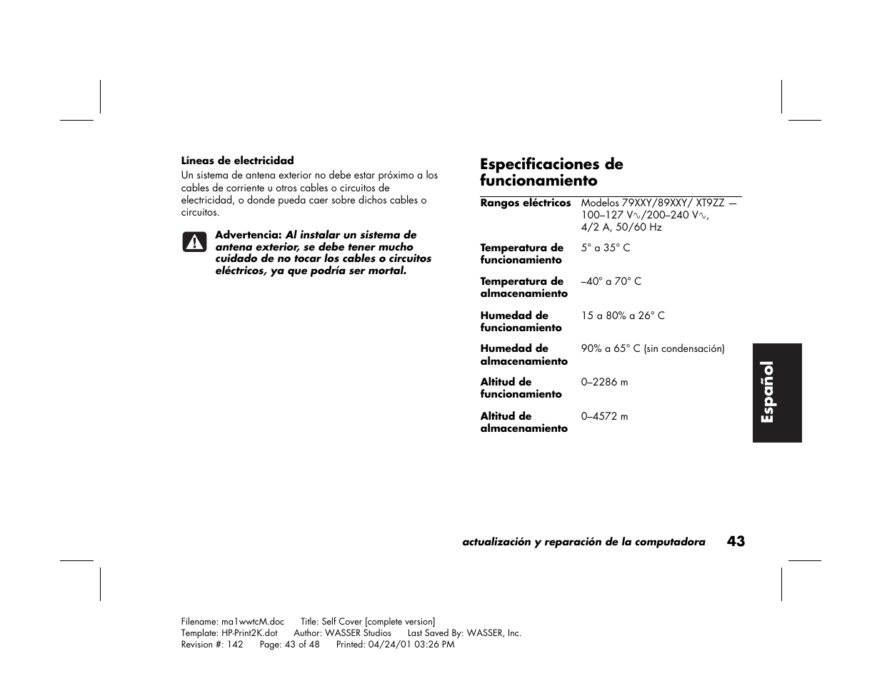 Espa ñ ol, Especificaciones de funcionamiento | HP 79XXY User Manual | Page 143 / 144