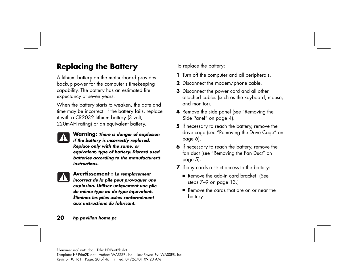 Replacing the battery | HP 79XXY User Manual | Page 24 / 144