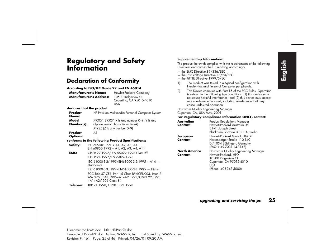 Regulatory and safety information, English, Declaration of conformity | HP 79XXY User Manual | Page 29 / 144