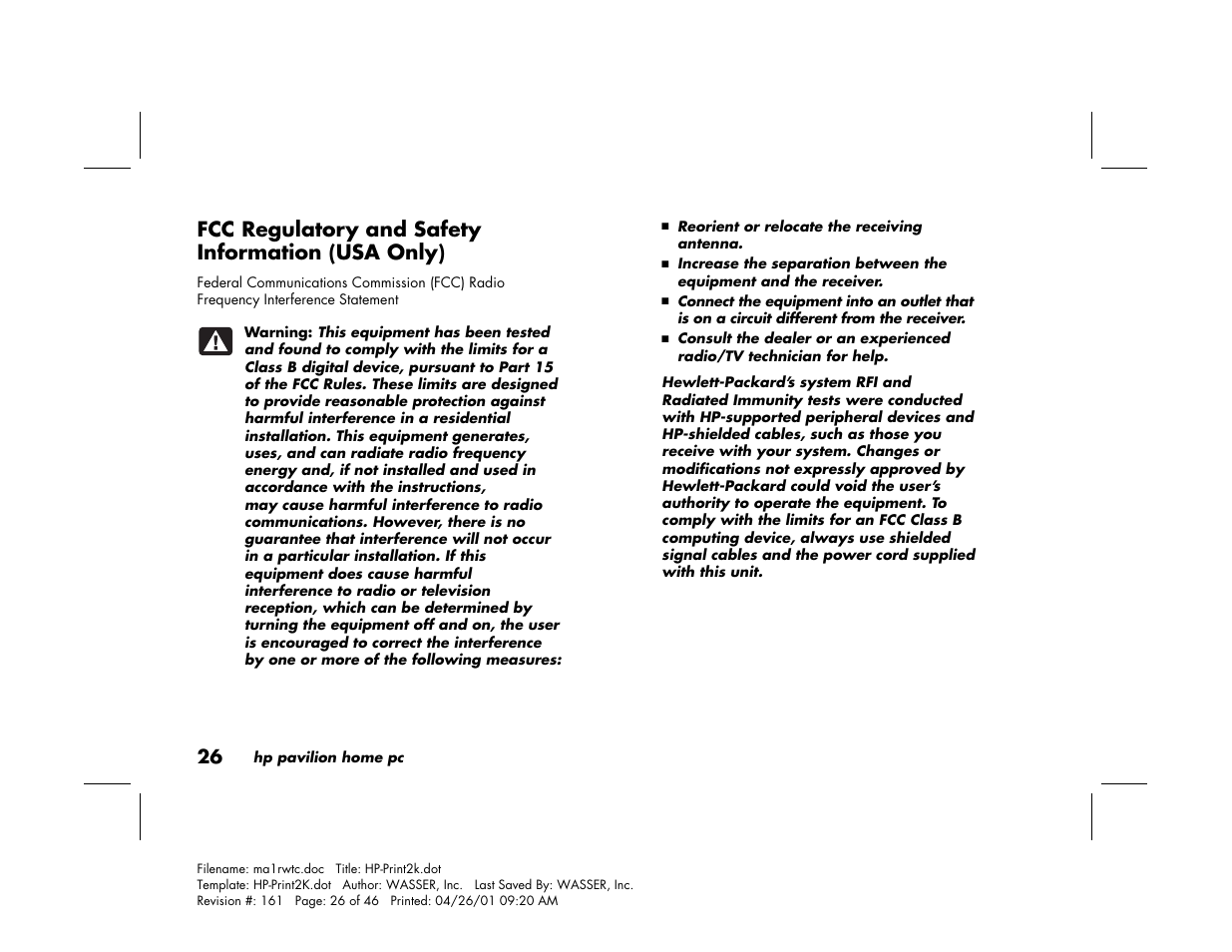 Fcc regulatory and safety information (usa only) | HP 79XXY User Manual | Page 30 / 144