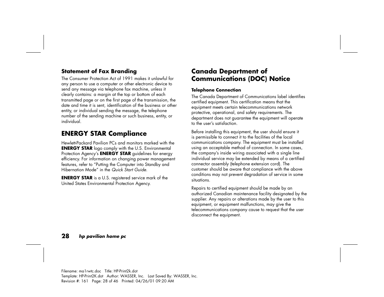 Energy star compliance, Canada department of communications (doc) notice | HP 79XXY User Manual | Page 32 / 144