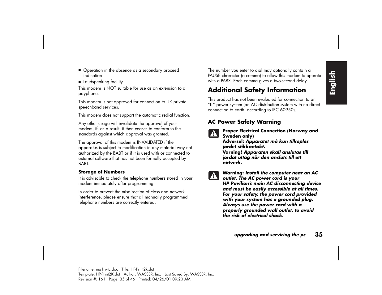 English, Additional safety information | HP 79XXY User Manual | Page 39 / 144