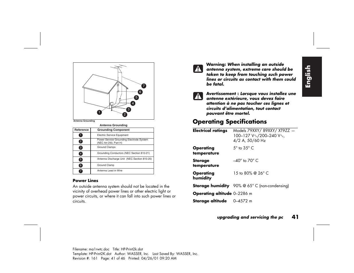 English, Operating specifications | HP 79XXY User Manual | Page 45 / 144