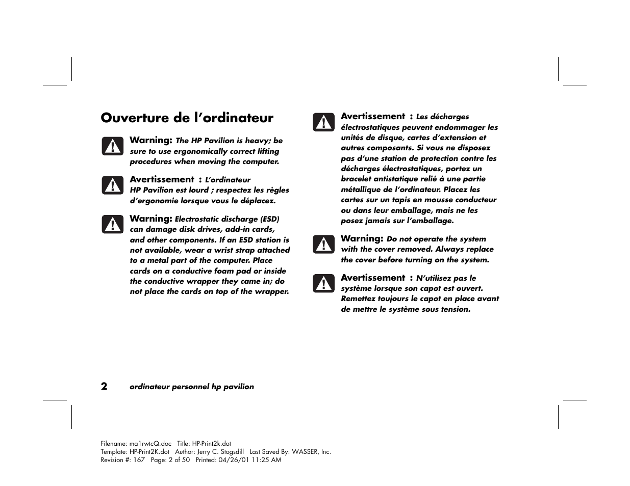 Ouverture de l’ordinateur | HP 79XXY User Manual | Page 52 / 144