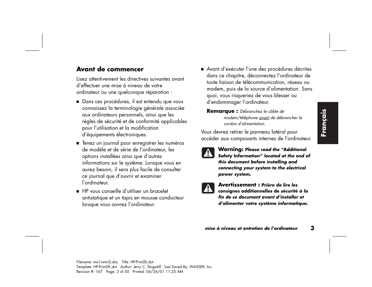 Fran çais, Avant de commencer | HP 79XXY User Manual | Page 53 / 144