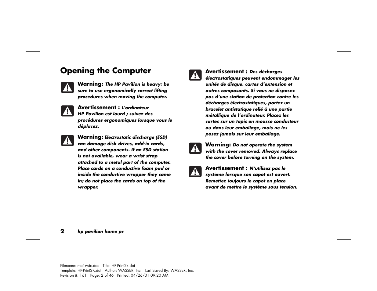 Opening the computer | HP 79XXY User Manual | Page 6 / 144