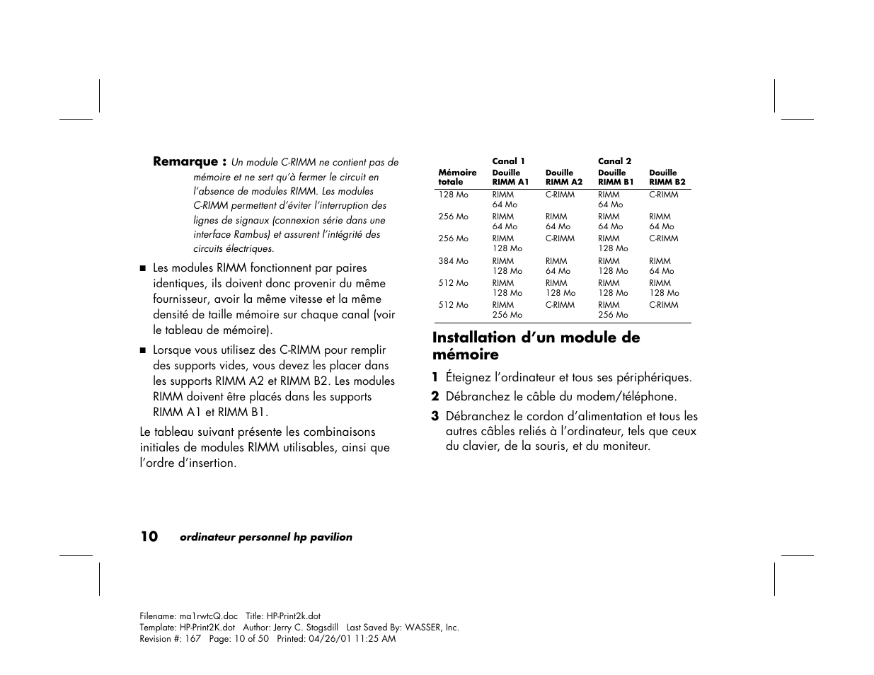 Installation d’un module de mémoire | HP 79XXY User Manual | Page 60 / 144