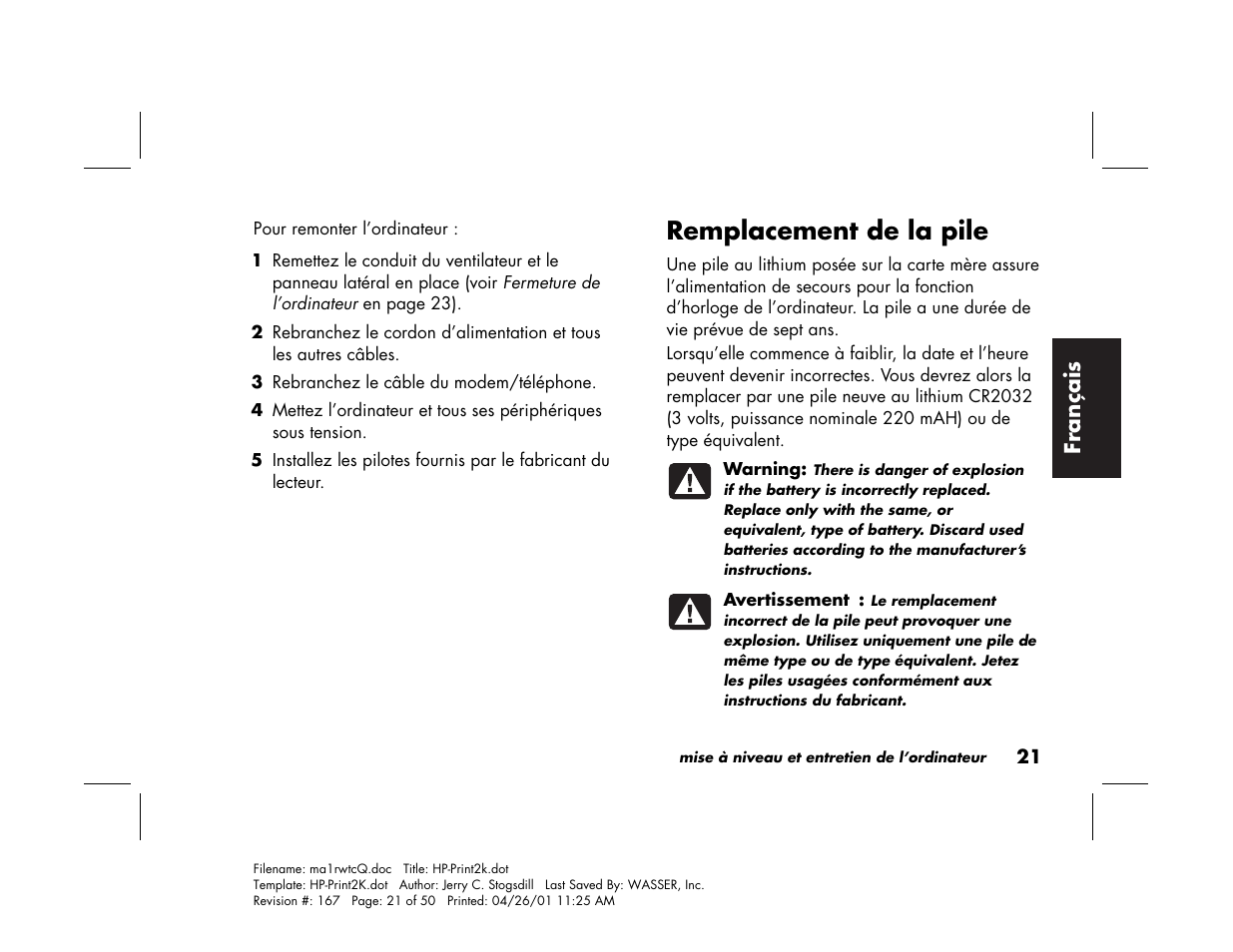 Remplacement de la pile | HP 79XXY User Manual | Page 71 / 144