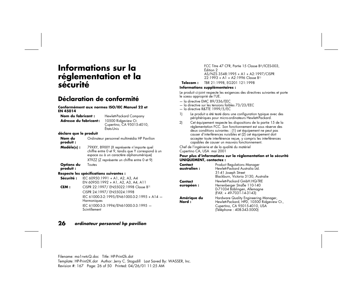 Informations sur la réglementation et la sécurité, Déclaration de conformité | HP 79XXY User Manual | Page 76 / 144