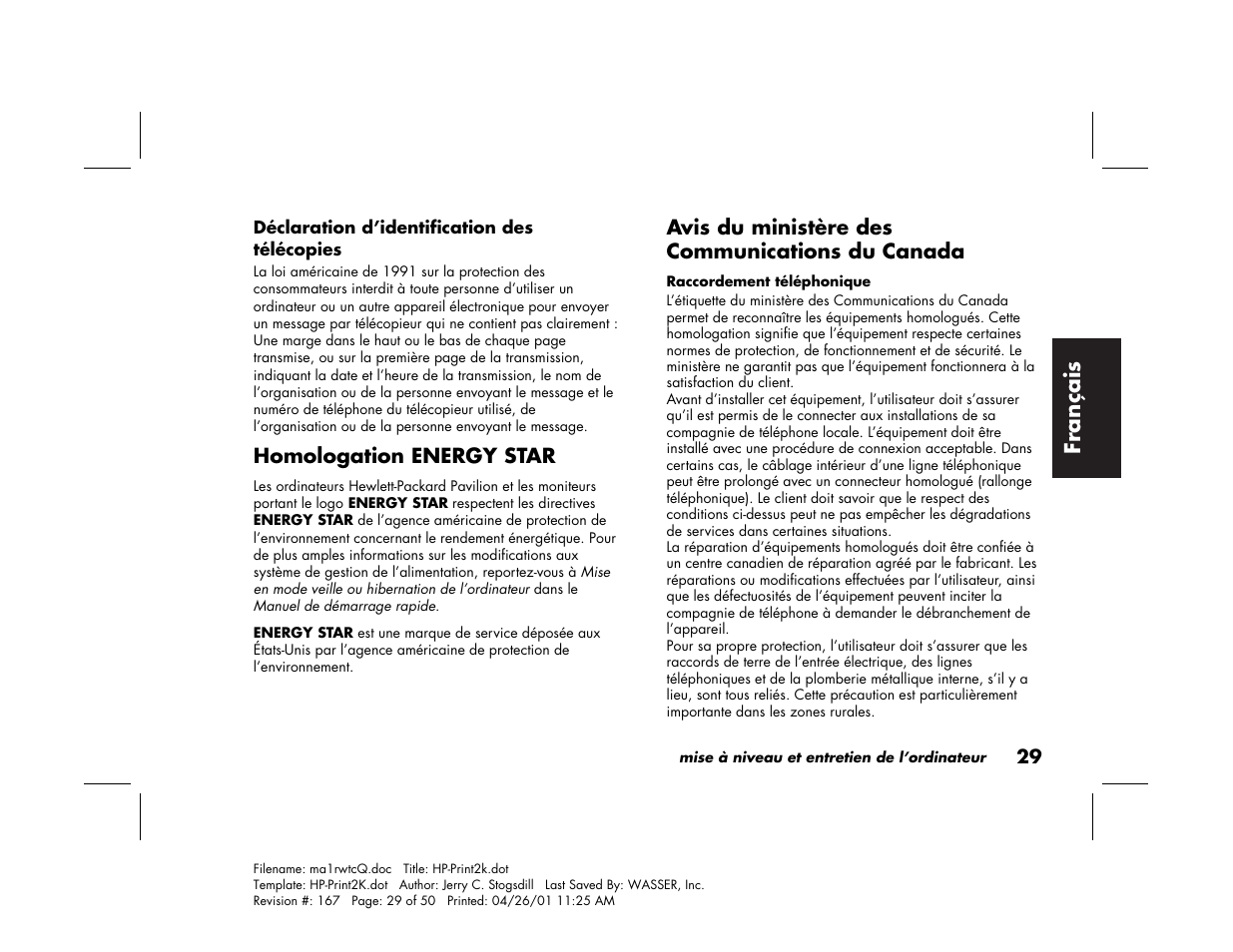 Fran çais, Homologation energy star, Avis du ministère des communications du canada | HP 79XXY User Manual | Page 79 / 144