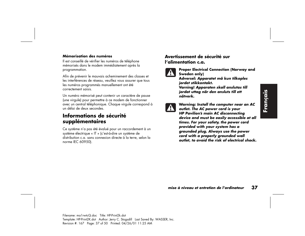 Fran çais, Informations de sécurité supplémentaires | HP 79XXY User Manual | Page 87 / 144