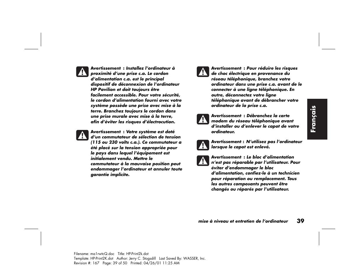 Fran çais | HP 79XXY User Manual | Page 89 / 144