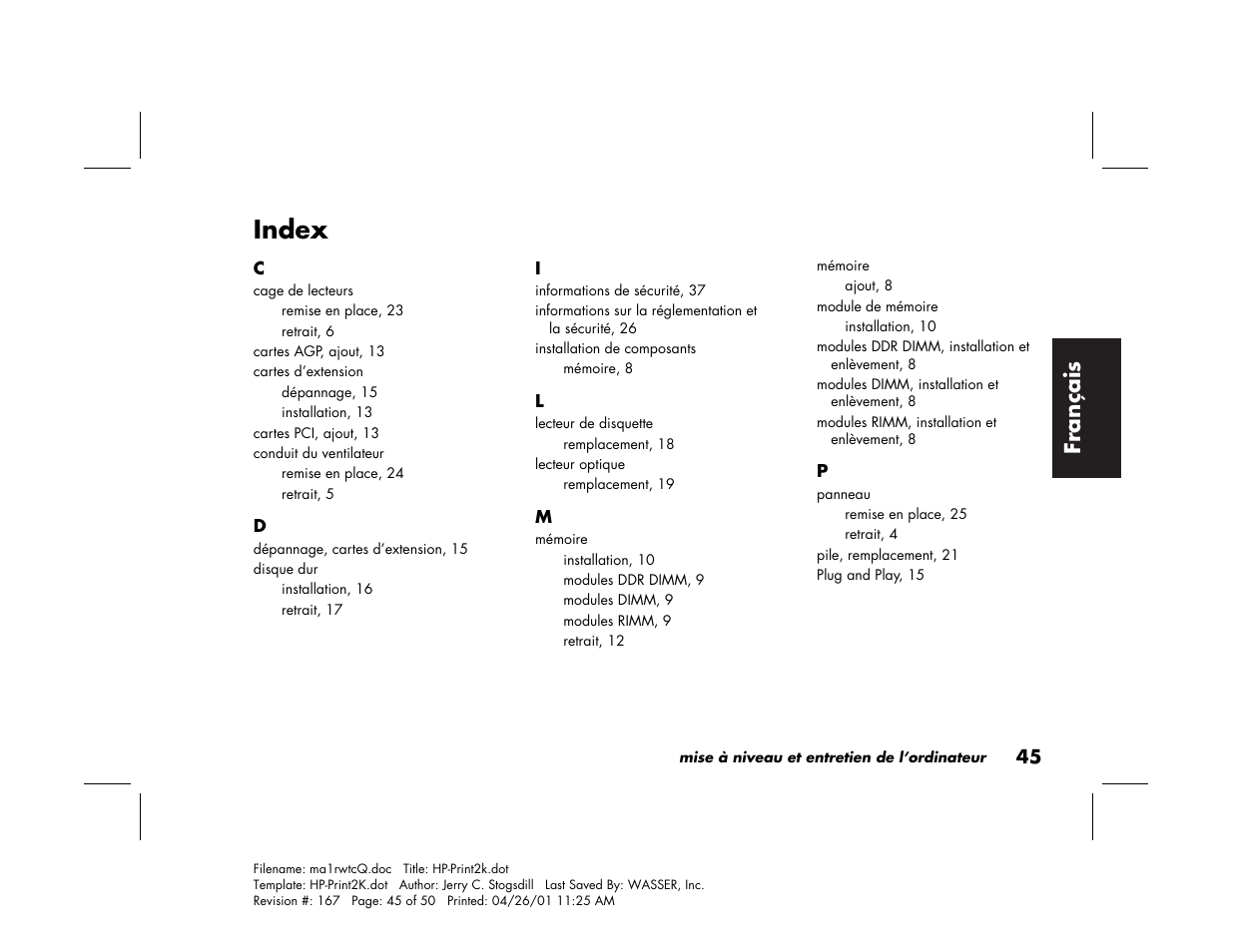 Index, Fran çais | HP 79XXY User Manual | Page 95 / 144