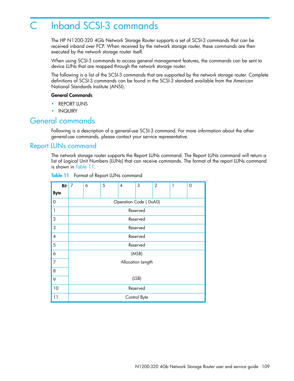 Inband scsi-3 commands, General commands, Report luns command | Table 11 format of report luns command, C inband scsi-3 commands, Cinband scsi-3 commands | HP N1200-320 User Manual | Page 109 / 132
