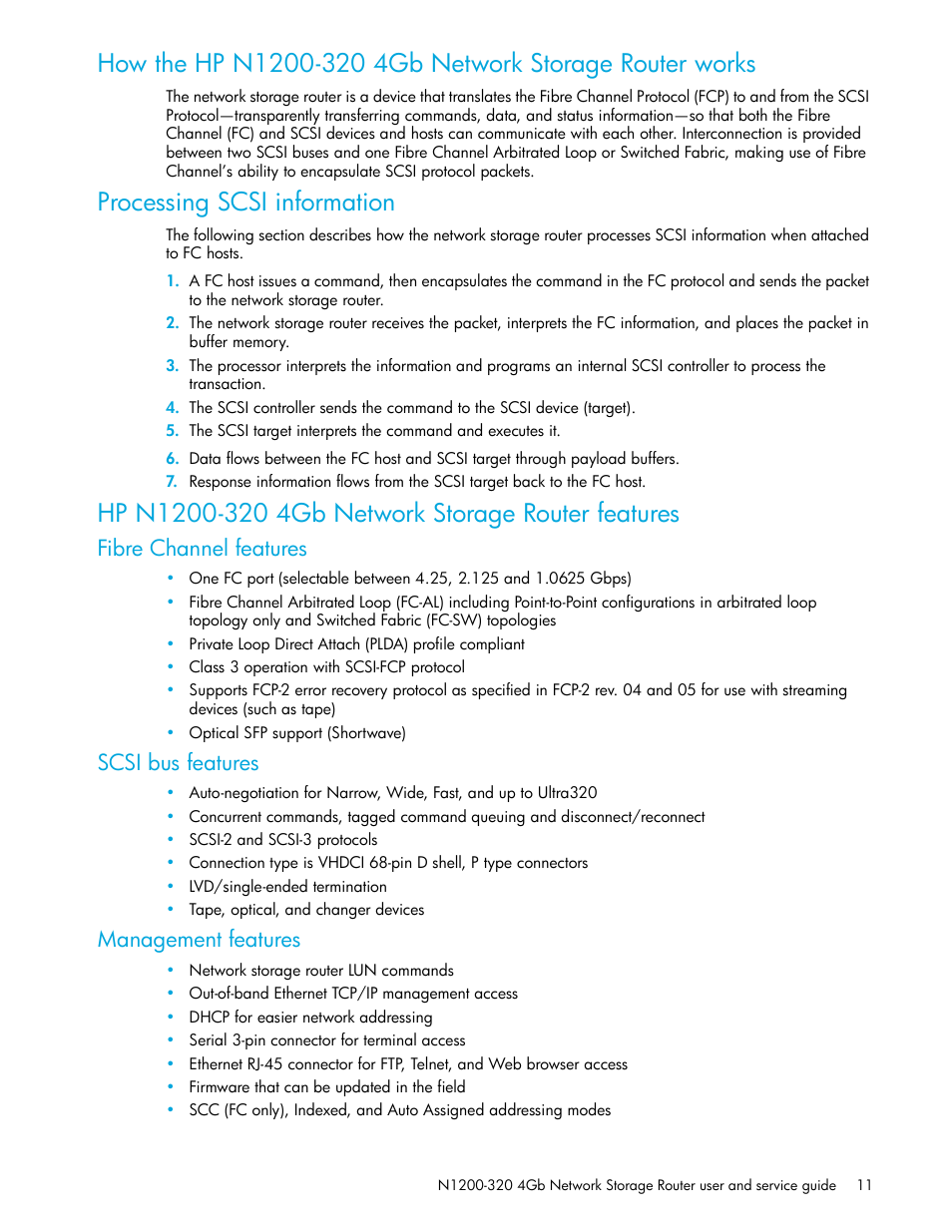 Processing scsi information, Hp n1200-320 4gb network storage router features, Fibre channel features | Scsi bus features, Management features | HP N1200-320 User Manual | Page 11 / 132