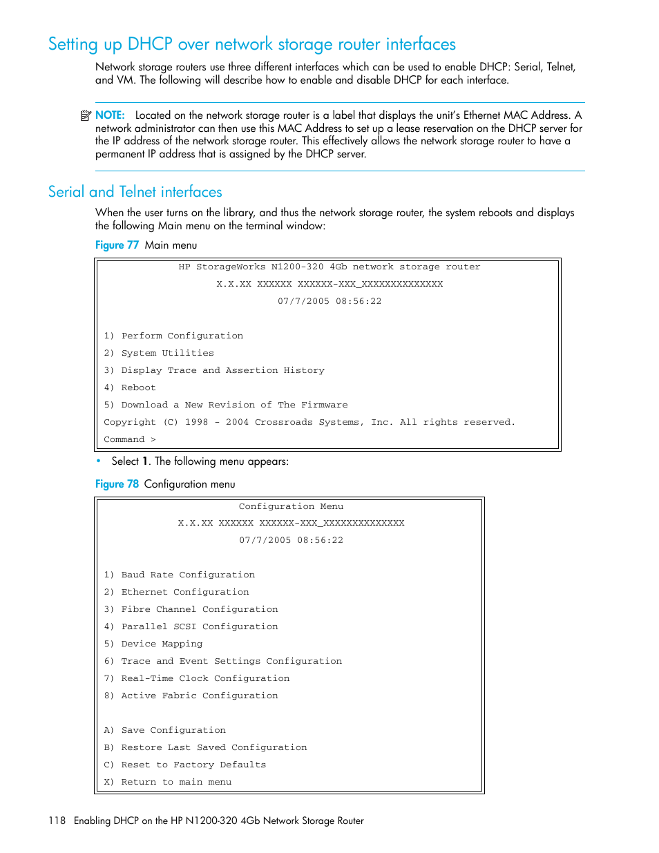 Serial and telnet interfaces, Figure 77 main menu, Figure 78 configuration menu | HP N1200-320 User Manual | Page 118 / 132