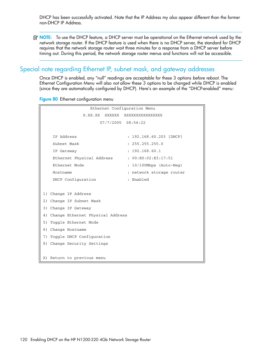 Figure 80 ethernet configuration menu | HP N1200-320 User Manual | Page 120 / 132
