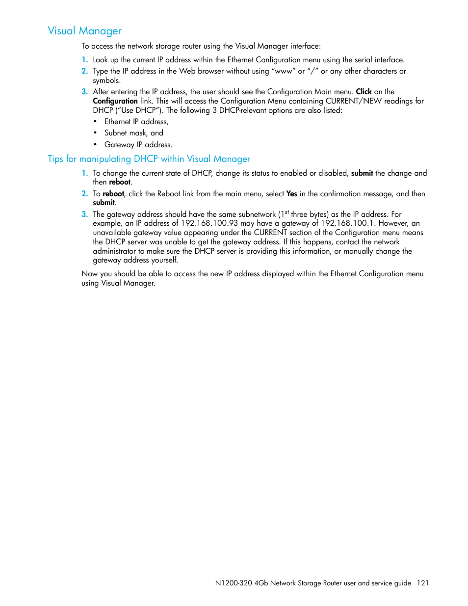 Visual manager, Tips for manipulating dhcp within visual manager | HP N1200-320 User Manual | Page 121 / 132