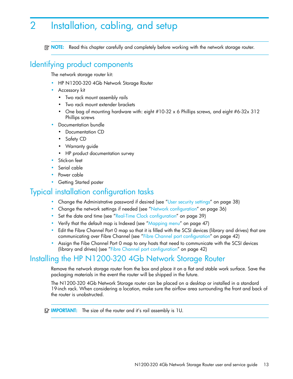 Installation, cabling, and setup, Identifying product components, Typical installation configuration tasks | 2 installation, cabling, and setup, 2installation, cabling, and setup | HP N1200-320 User Manual | Page 13 / 132