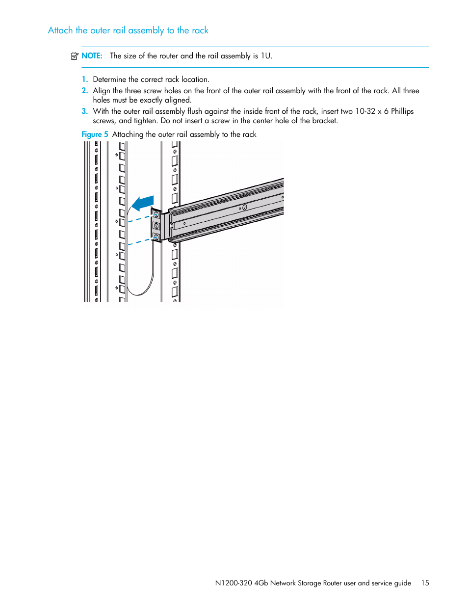 Attach the outer rail assembly to the rack | HP N1200-320 User Manual | Page 15 / 132