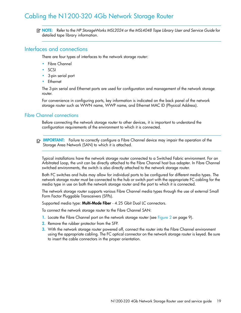 Cabling the n1200-320 4gb network storage router, Interfaces and connections, Fibre channel connections | HP N1200-320 User Manual | Page 19 / 132