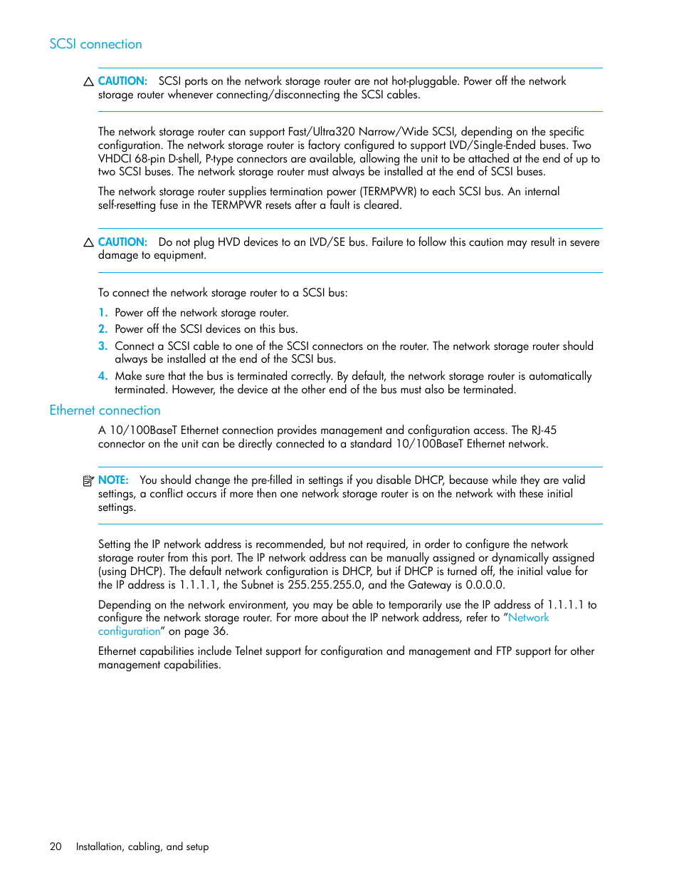 Scsi connection, Ethernet connection | HP N1200-320 User Manual | Page 20 / 132