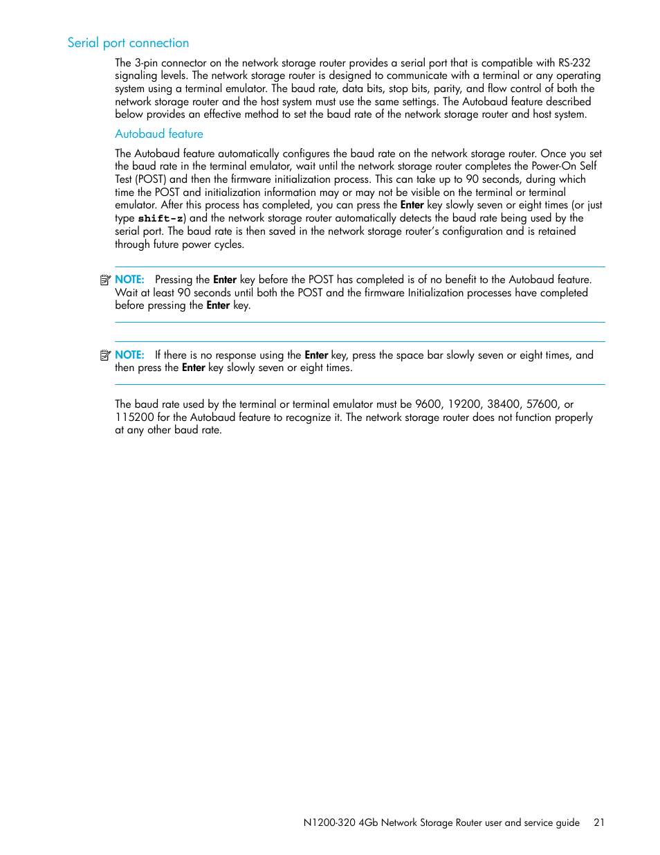Serial port connection, Autobaud feature | HP N1200-320 User Manual | Page 21 / 132