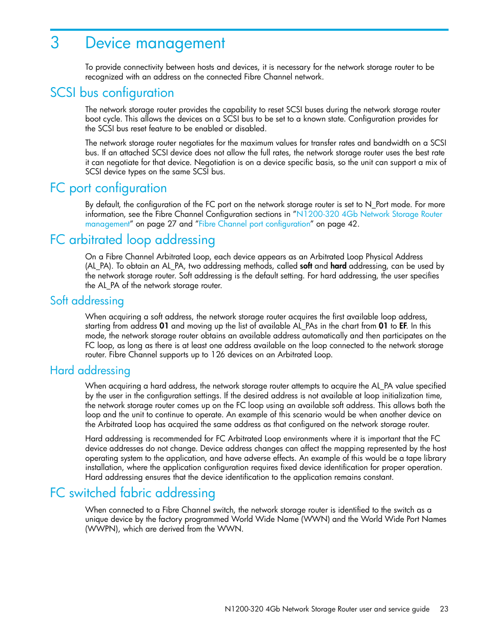 Device management, Scsi bus configuration, Fc port configuration | Fc arbitrated loop addressing, Soft addressing, Hard addressing, Fc switched fabric addressing, 3 device management, 3device management | HP N1200-320 User Manual | Page 23 / 132