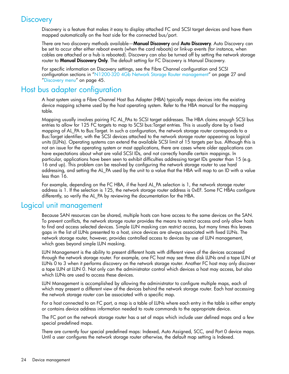Discovery, Host bus adapter configuration, Logical unit management | HP N1200-320 User Manual | Page 24 / 132