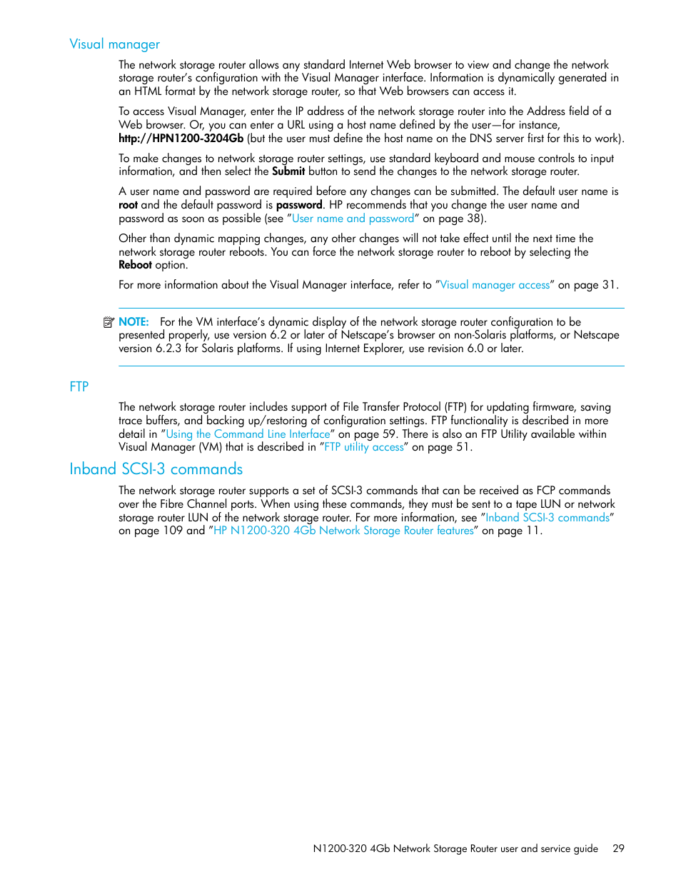 Visual manager, Inband scsi-3 commands | HP N1200-320 User Manual | Page 29 / 132