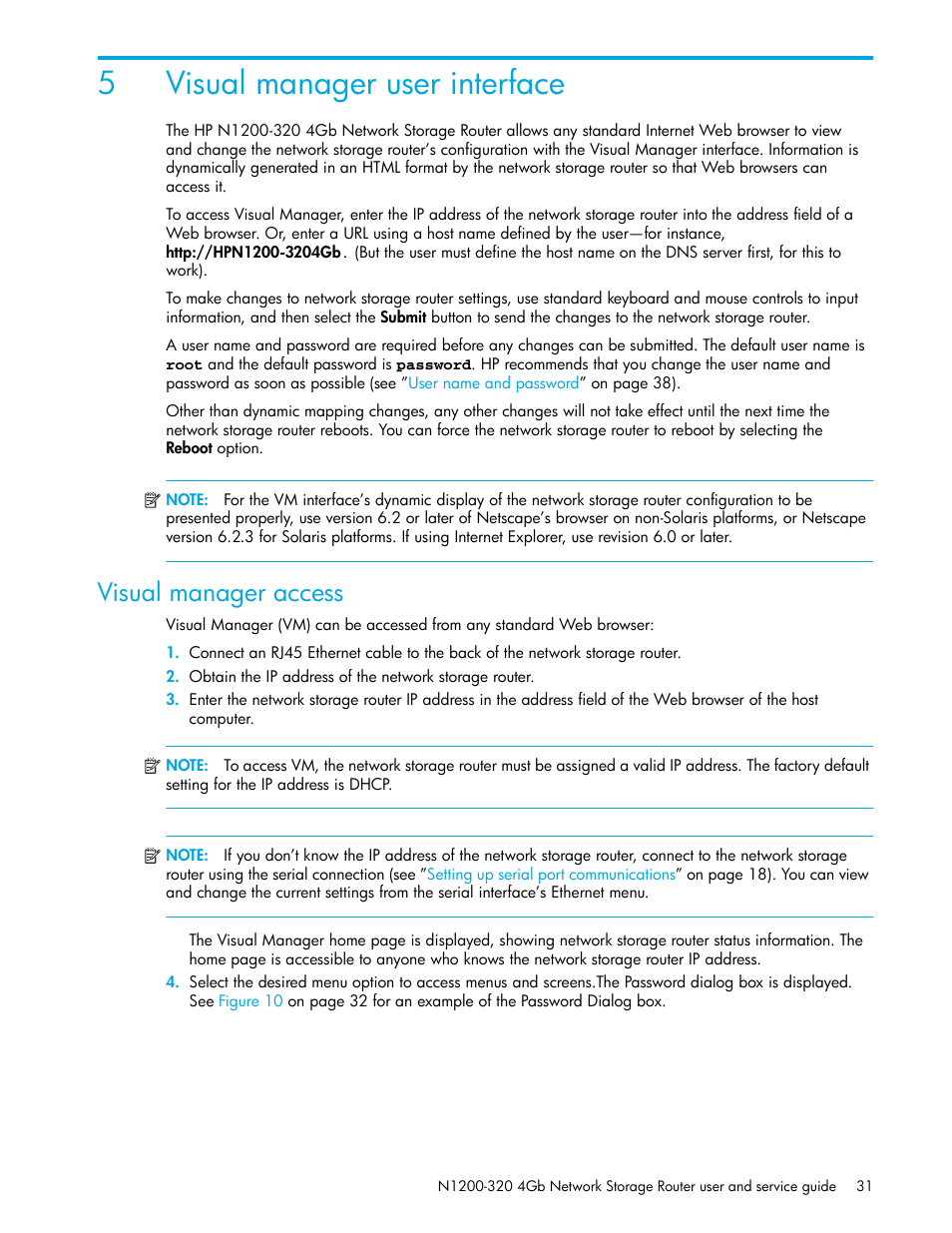 Visual manager user interface, Visual manager access, 5 visual manager user interface | 5visual manager user interface | HP N1200-320 User Manual | Page 31 / 132